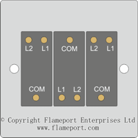 Three gang, two way switch, triangle terminal arrangement B