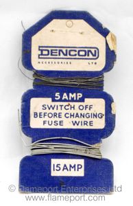 Blue and white Dencon fuse wire card with 5A and 15A wires