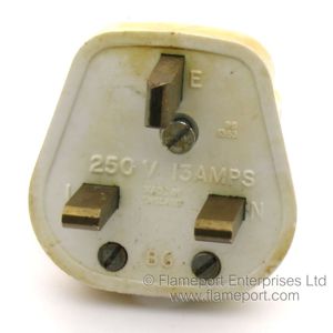 Moulded text on a BG white plastic 13A 3 pin plug