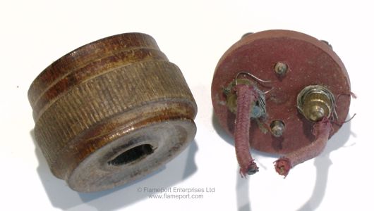 BS372 two pin wooden plug showing wiring terminals