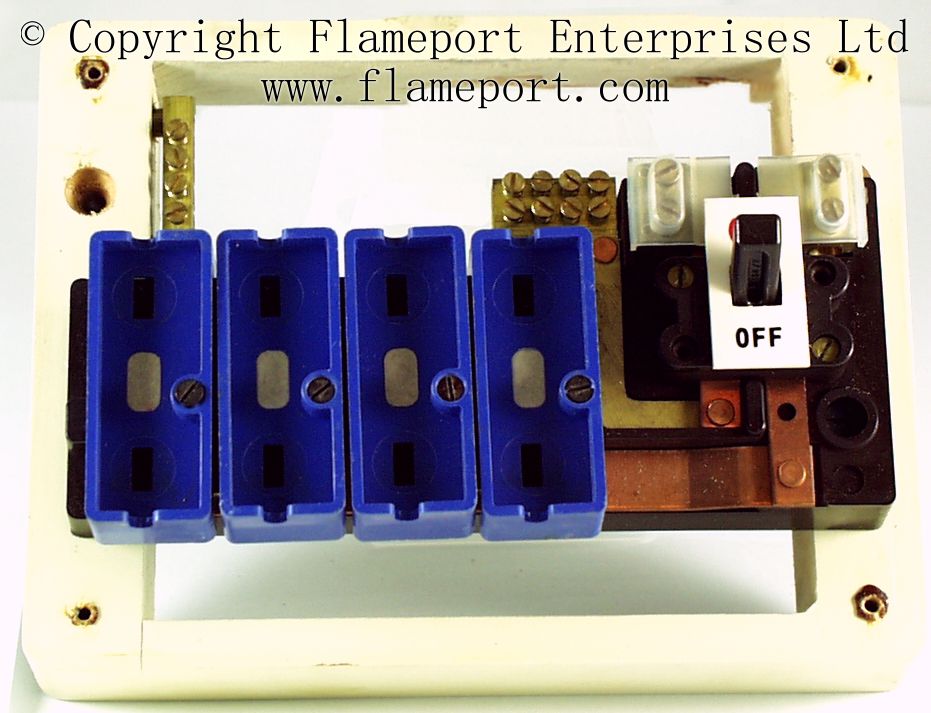 Wylex Standard 4 way fusebox with white wooden frame | Wylex 4 Way Fuse Box | | Flameport Electrical